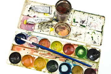 dirty watercolor paints set with brush after using