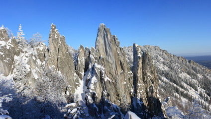 Winter mountains. South Ural, backbone of "Taganay", Russia.