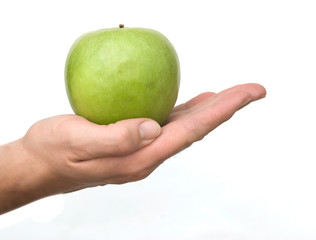 Hand with apple  isolated on white background