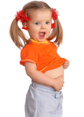 Baby girl in orange t-shirt.