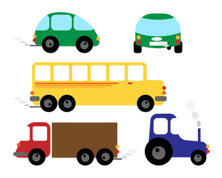 Set of vehicles - car, bus, tractor