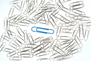 blue paper clip between bunch of grey ones