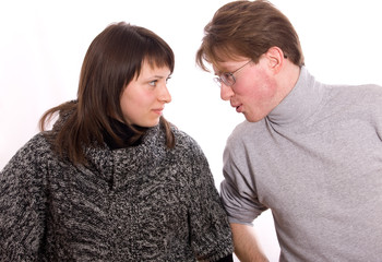 The girl and the man talk about something