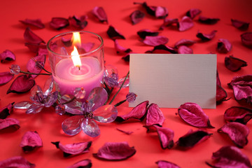 Candle with crystal flower, dry petals and Blank Card