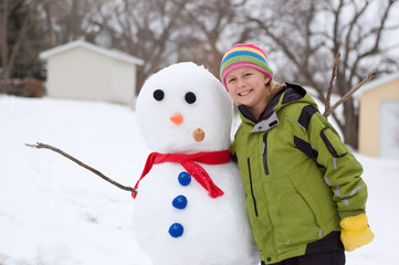 Cute Girl and Her Snowman
