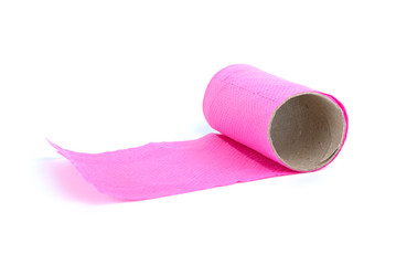 Finished roll of pink toilet paper