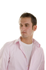 Young Man in Pink Shirt Eyes Down and Right