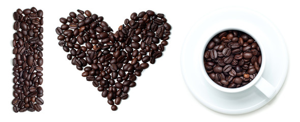I love coffee sign made of beans and cup
