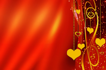 golden hearts with copy space on a red background