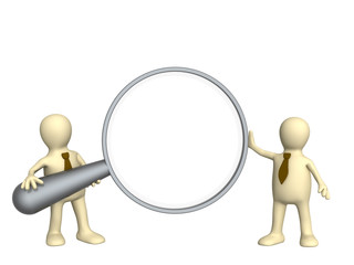 3d puppets, holding big magnifier