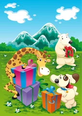 Fototapete Rund Tiere und Geschenke mit Hintergrund © ddraw