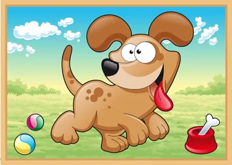 Poster Hond rent in de wei met zijn speelgoed © ddraw