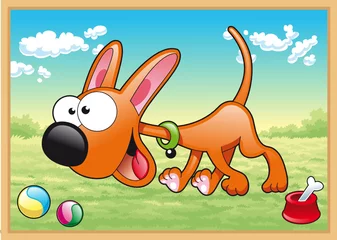 Selbstklebende Fototapeten Hund läuft mit seinem Spielzeug auf der Wiese © ddraw