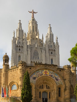 Temple at mountain Tibidabo top in Barcelona.
