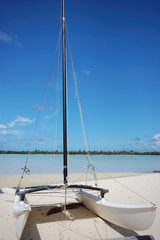 Hobbycat on beach, French Polynesia tropics