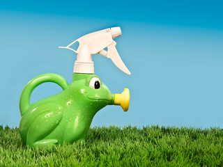 Frog shaped water sprayer on grass