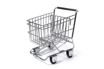 A Toy Sized Shopping Cart Against White Background