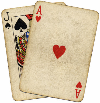 Blackjack vintage dirty cards isolated over white.