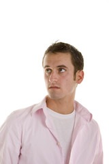 Young Man in Pink Shirt Eyes Up and Right