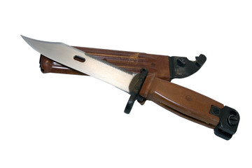 Military knife for Kalashnikov type of rifle isolated on white.