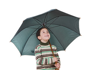 Adorable boy with open umbrellas