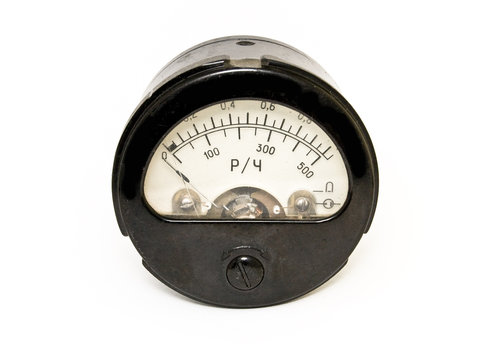 Close-up of an old ampermeter, isolated on white