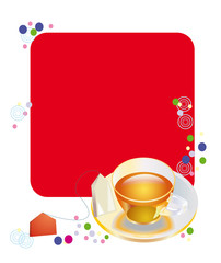 cup with tea on a background a red square