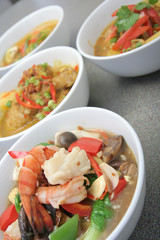 asia food, seafood chap chai and curry at background