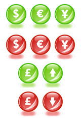 Currency Symbols Glossy Buttons Icons, Dollar Euro Yen Pound Green Red Arrows Finance Set