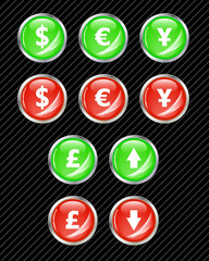 Currency Symbols Glossy Buttons Icons, Dollar Euro Yen Pound Green Red Arrows, Dark Background