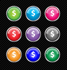 Collection of vector glossy buttons for dollar currency theme.