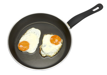 Fried eggs on non-stick pan isolated on white