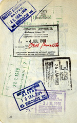 Italian passport. Australia,Singapore,greece, Finland stamps