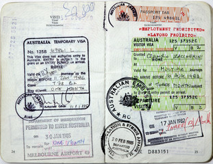 Italian passport. Australia entry visa and border stamps