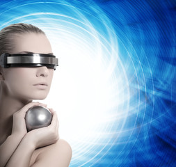 Beautiful cyber woman isolated over abstract blue background