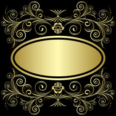 Gold frame from flowers and leaves on the black background