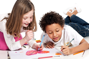 interracial  children drawing together
