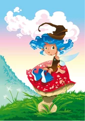 Poster Monde magique La fée est assise sur un champignon dans le paysage