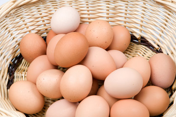 Basket with a lot of hen eggs