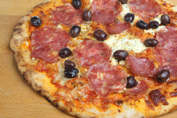 Salami Pizza with Olives and Ricotta