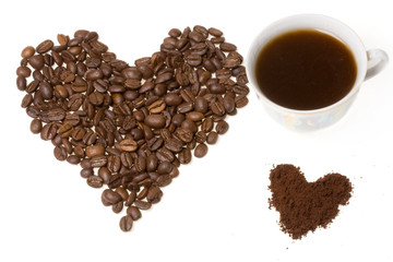 Heart from coffee beans close up