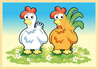 Cartoon Rooster and Hen