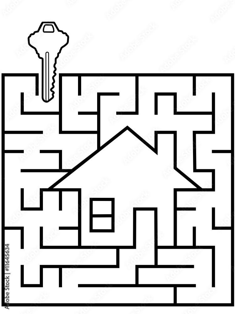 Wall mural home finder maze puzzle with house key