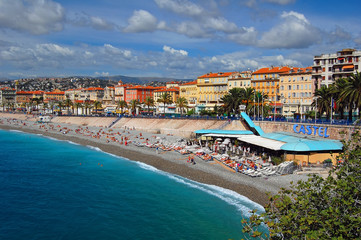 View of the beach and Promenade des Anglais in Nice France.