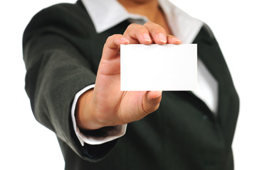 Businesswoman in suit holding empty business card.