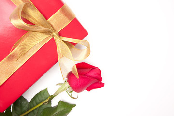 Gift with Gold Ribbon and Rose on White