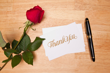 Thank You Card, Pen and Red Rose