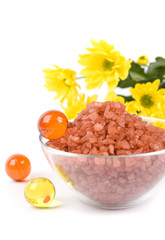 spa pruducts and yellow flowers