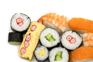 sushi assortment on white background
