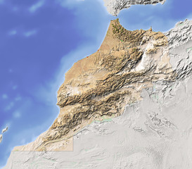 Morocco, shaded relief map, colored for vegetation
